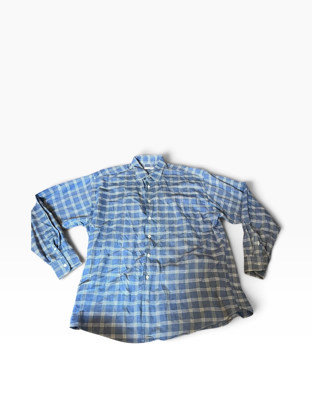 Bergdorf Goodman Button Down 100% Imported Cotton Shirt Mens L Blue White Plaid